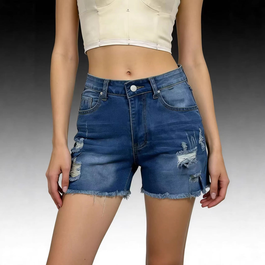 Damen Destroyed Denim-Shorts mit lässigem Schnitt und ausgefranster Kante R&B