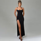 Damen Maxikleid mit tiefem Schlitz und schmalen Trägern R&B