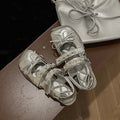 Damen elegante Ballerina-Schuhe mit glänzender Oberfläche und dekorativen Perlen R&B
