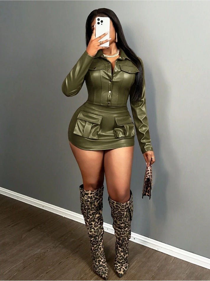 Damen Kunstleder Minikleid mit praktischen Klappentaschen R&B