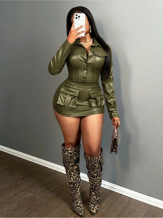 Damen Kunstleder Minikleid mit praktischen Klappentaschen R&B