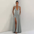 Damen Maxikleid mit tiefem V-Ausschnitt und figurbetonter Raffung R&B