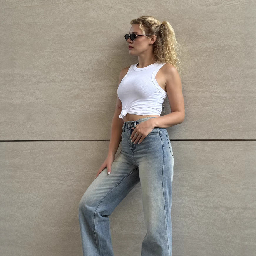 Damen Weite High-Waist Jeans im klassischen Vintage-Stil mit modernen Waschungen R&B