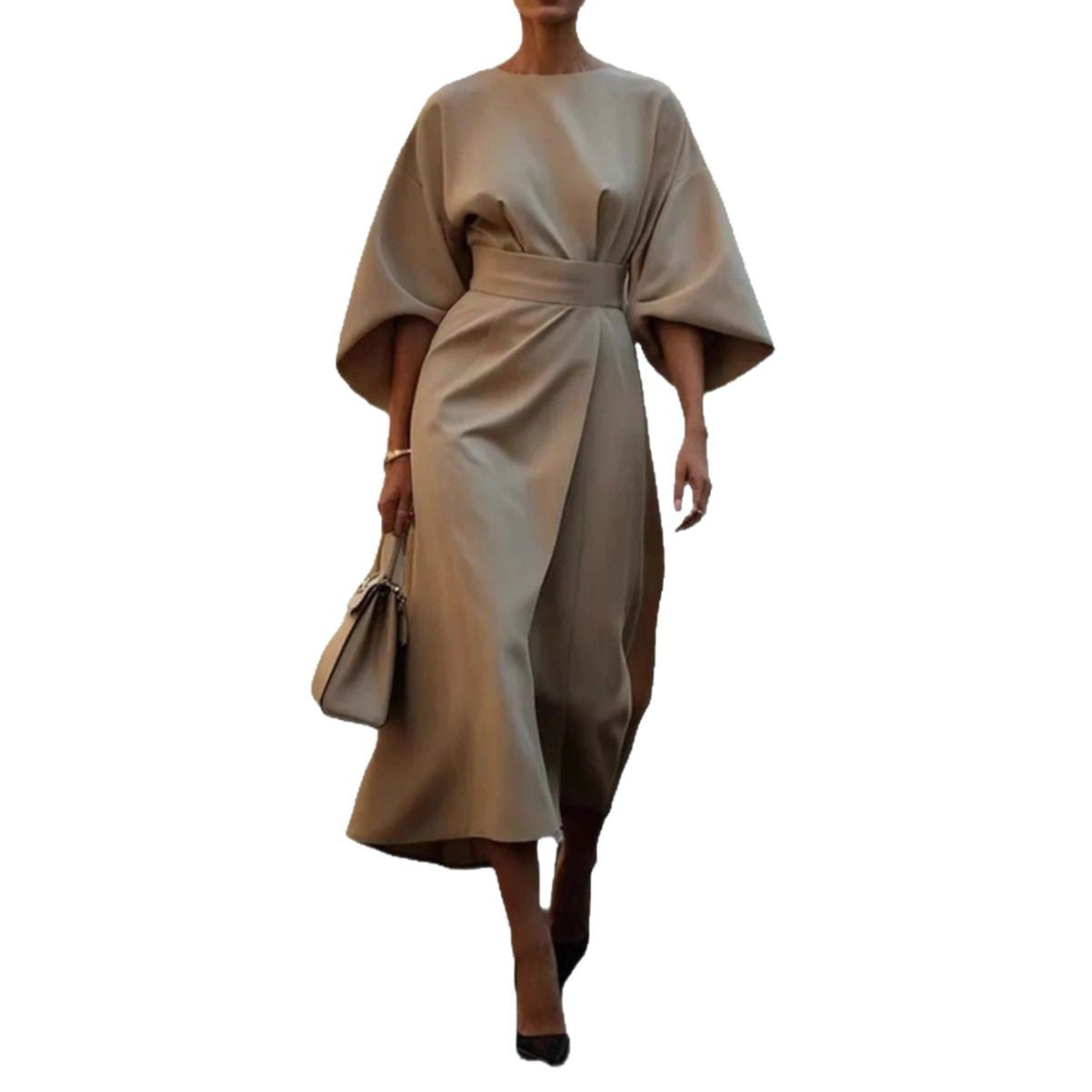 Damen fließendes Maxikleid mit eleganten Ärmeln und Taillengürtel