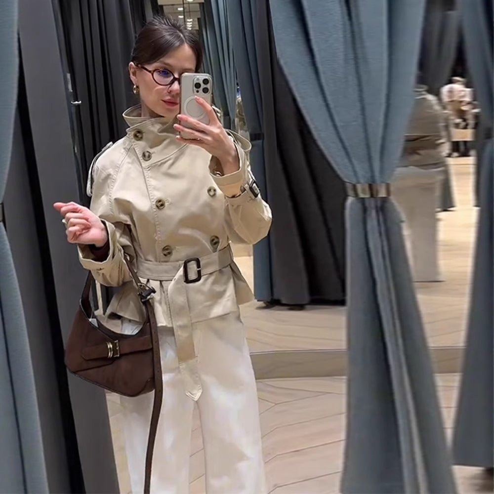 Damen trendige Kurzjacke im modernen Trenchcoat-Stil mit breitem Kragen und Taillengürtel R&B