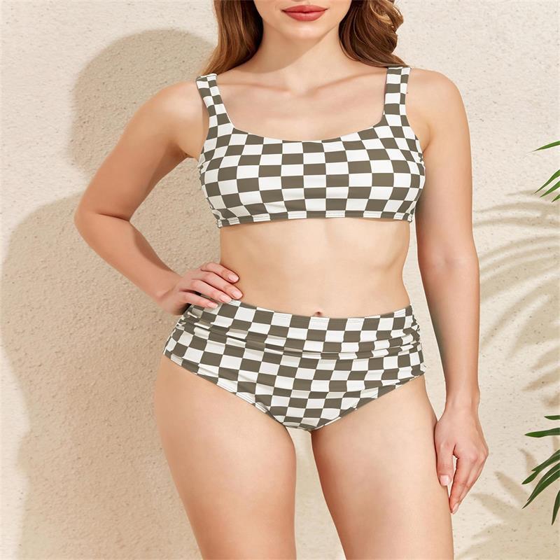 Damen Bikini-Set mit modischem Karomuster und hohem Taillenschnitt R&B