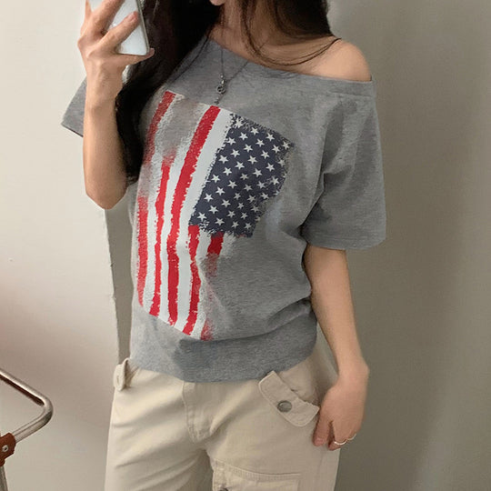 Damen lässiges T-Shirt mit amerikanischem Flaggen-Design und weichem Baumwollmaterial R&B
