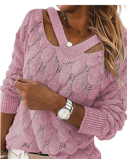 Damen Strickpullover mit V-Ausschnitt und raffiniertem Rippstruktur R&B