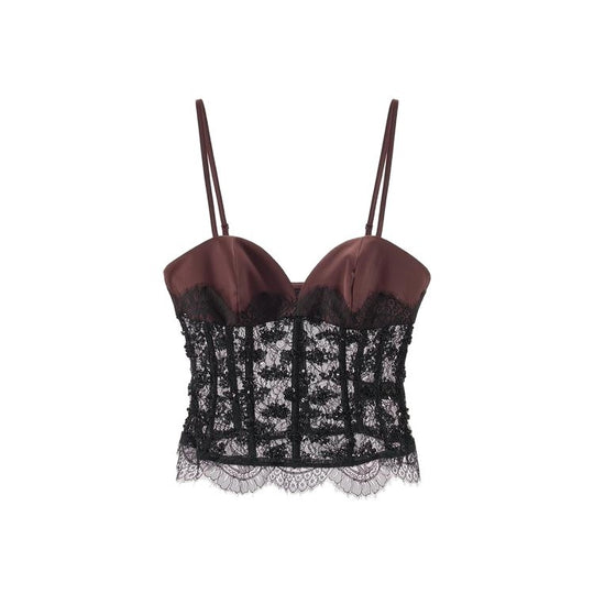 Damen Spitzen-Crop-Top mit herzförmigem Ausschnitt und eleganter Bundkante R&B