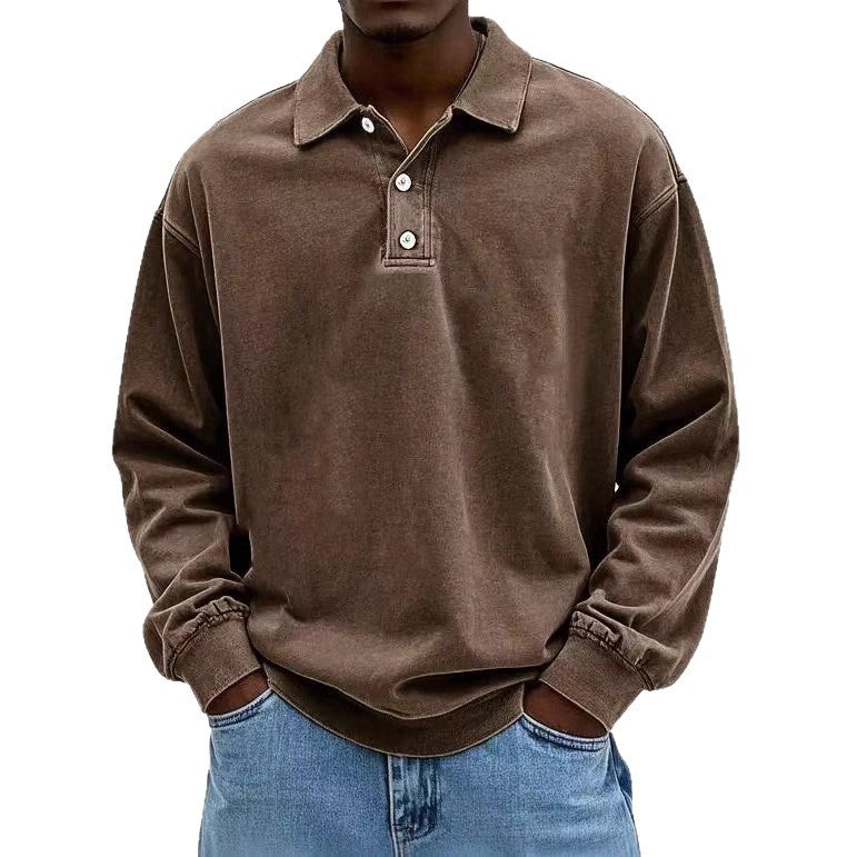 Herren nan lässiges Poloshirt-Sweatshirt mit Kragen, Vintage-Waschung und dreiteiliger Knopfleiste R&B