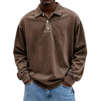 Herren nan lässiges Poloshirt-Sweatshirt mit Kragen, Vintage-Waschung und dreiteiliger Knopfleiste R&B