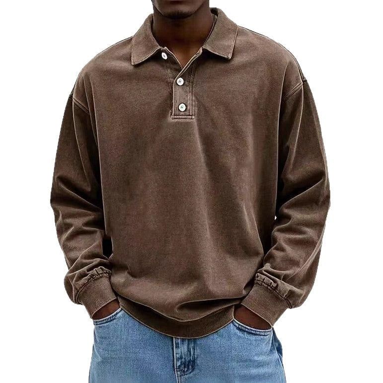 Herren nan lässiges Poloshirt-Sweatshirt mit Kragen, Vintage-Waschung und dreiteiliger Knopfleiste R&B