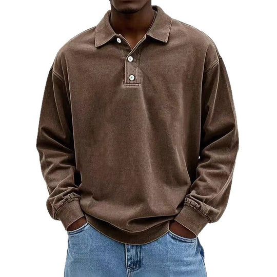 Herren nan lässiges Poloshirt-Sweatshirt mit Kragen, Vintage-Waschung und dreiteiliger Knopfleiste R&B