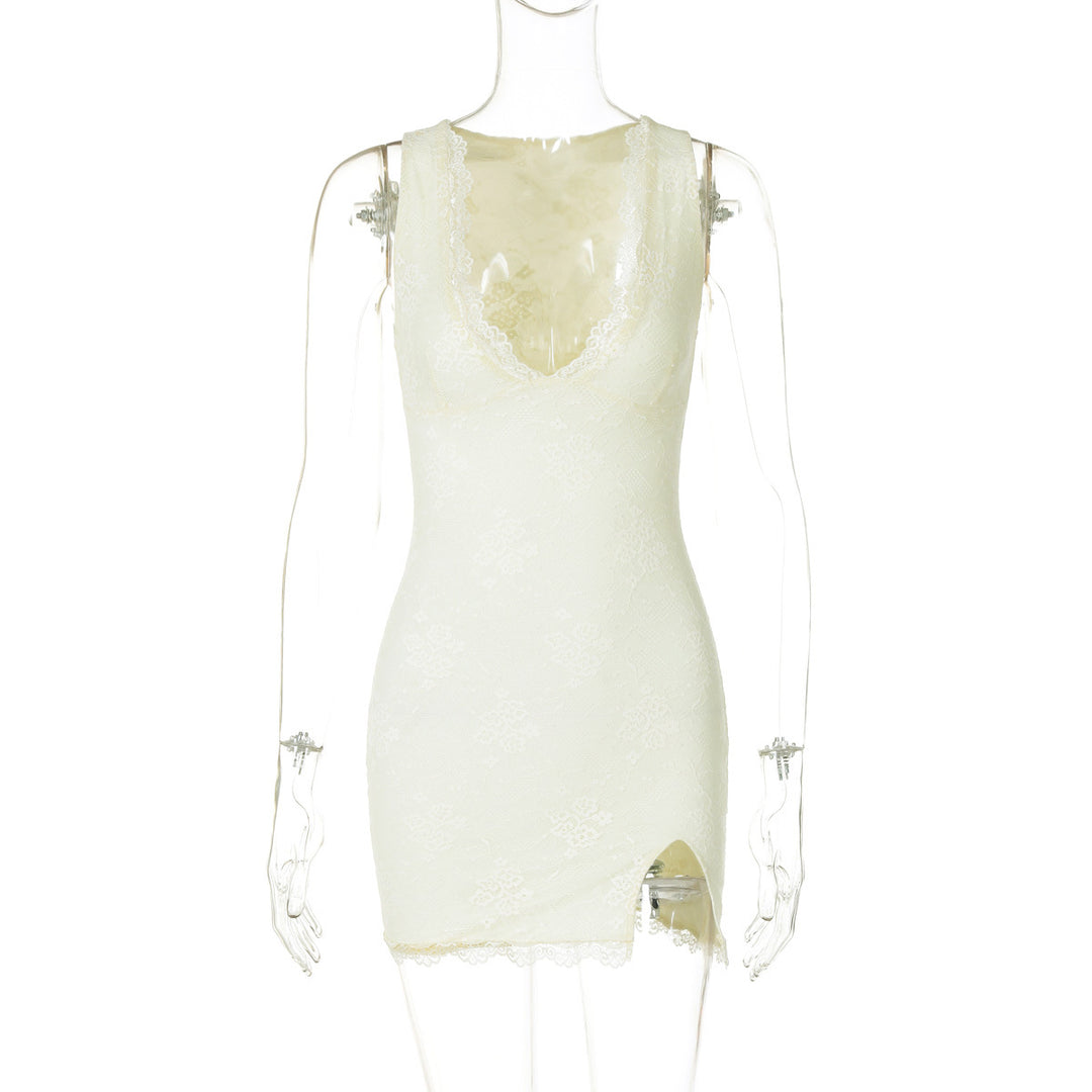 Damen Spitzenkleid mit tiefem V-Ausschnitt und seitlichem Schlitz R&B