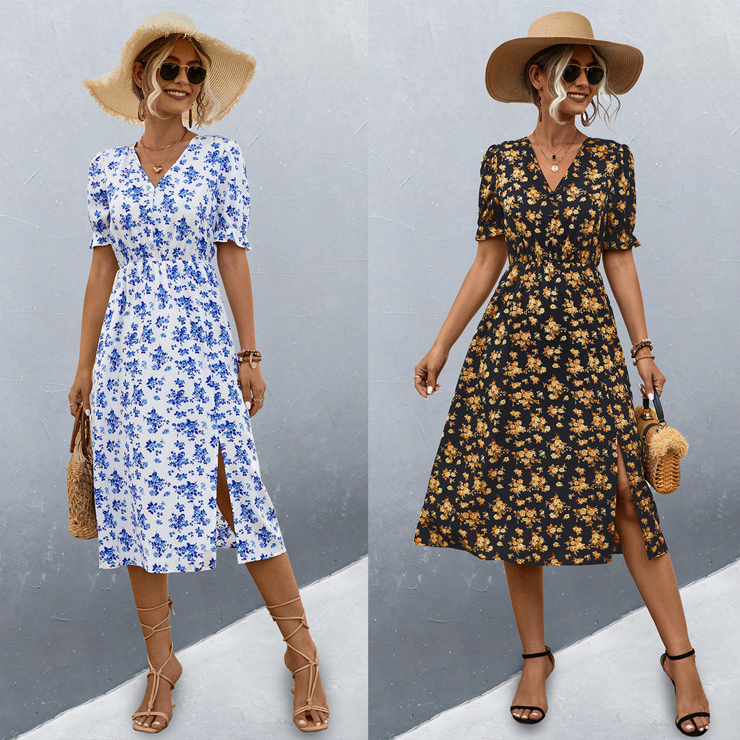 Damen midi Kleid mit floralen Mustern und seitlichem Schlitz R&B