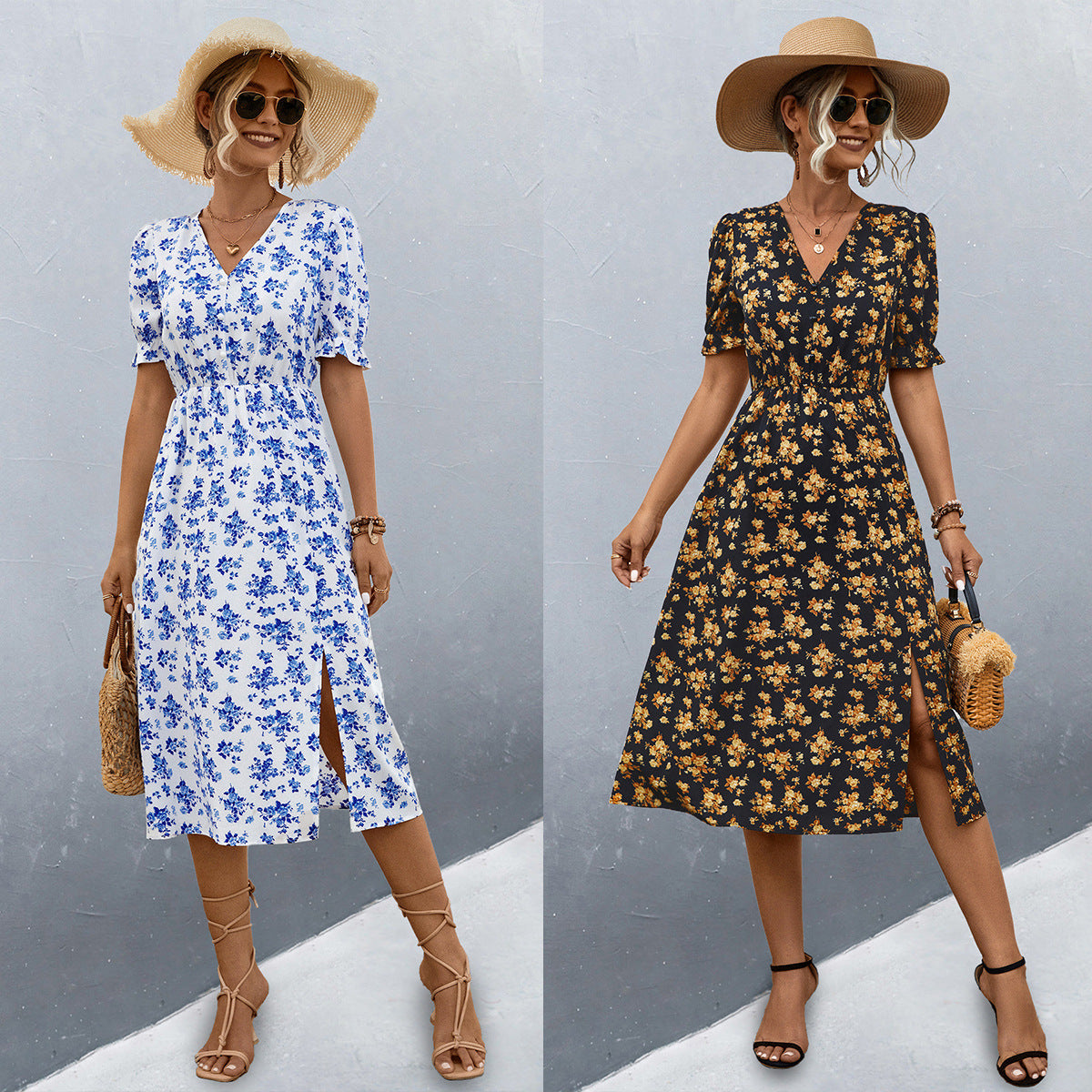 Damen midi Kleid mit floralen Mustern und seitlichem Schlitz R&B