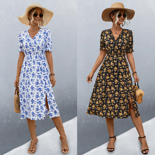 Damen midi Kleid mit floralen Mustern und seitlichem Schlitz R&B
