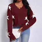 Damen modischer Sweatpullover mit Sternenmotiv und ausgefranstem Saum R&B
