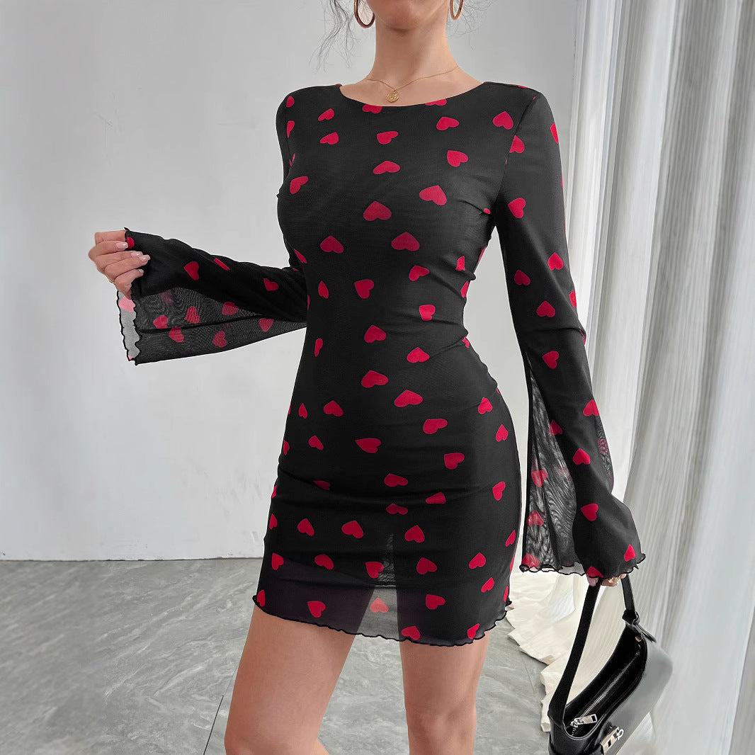 Damen Minikleid mit romantischem Herzmuster und langen Ärmeln R&B