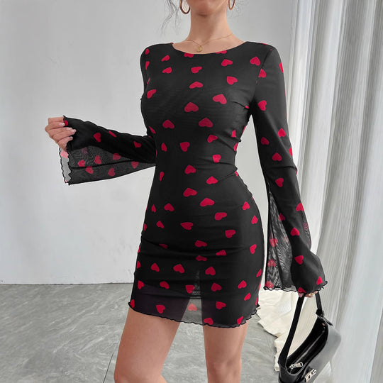 Damen Minikleid mit romantischem Herzmuster und langen Ärmeln R&B