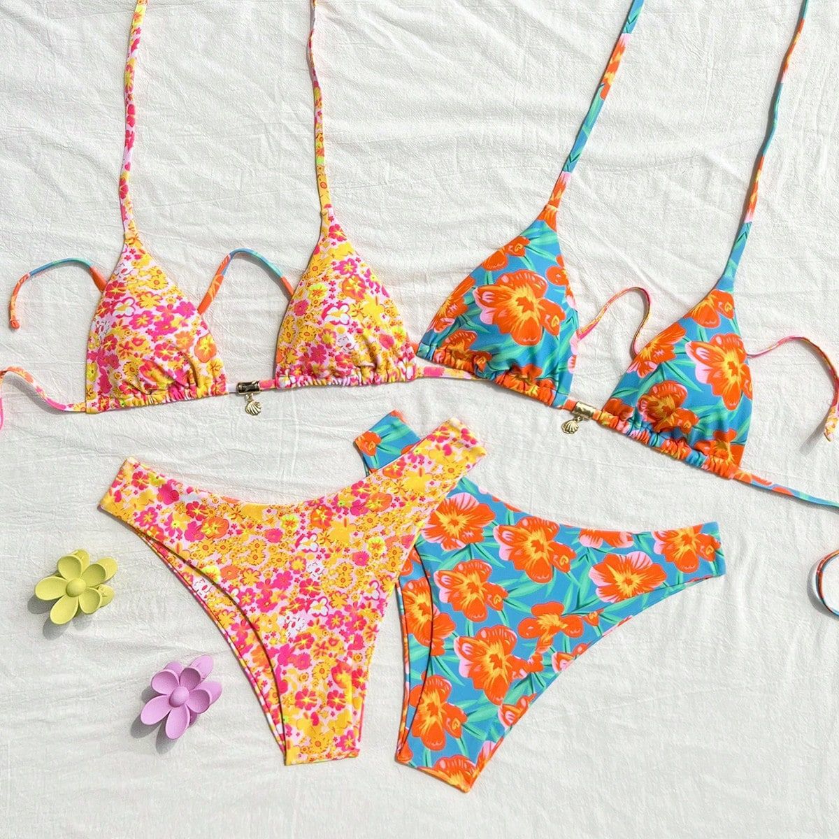 Damen Triangel-Bikini-Set mit verstellbaren Trägern und buntem Muster R&B