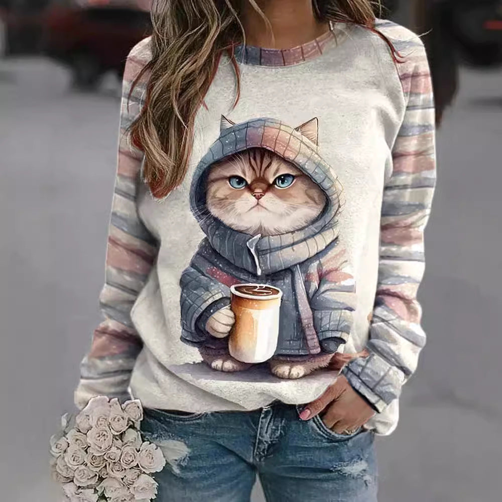 Damen nan lässiges Sweatshirt mit großem Kätzchen-Frontprint und gestreiften Raglanärmeln R&B