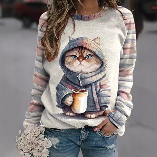 Damen nan lässiges Sweatshirt mit großem Kätzchen-Frontprint und gestreiften Raglanärmeln R&B