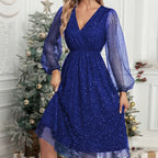 Damen Glamouröses Midikleid mit transparenten Puffärmeln und schimmerndem Paillettenmuster R&B