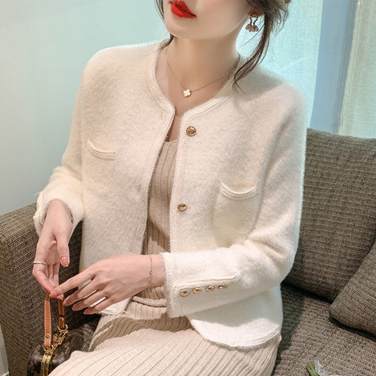 Damen elegante Strickjacke mit goldenen Knöpfen R&B