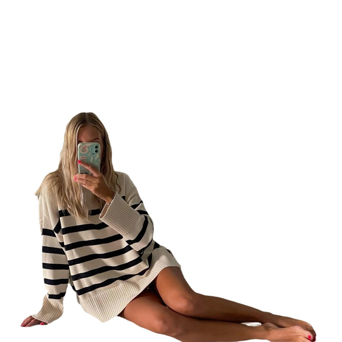 Damen Oversized Strickpullover mit hohem Kragen und trendigem Streifenmuster R&B