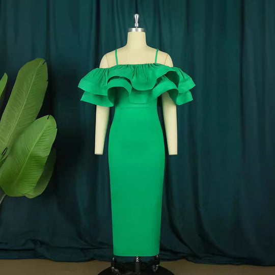 Damen elegantes Satin-Kleid mit voluminösem Rüschensaum R&B