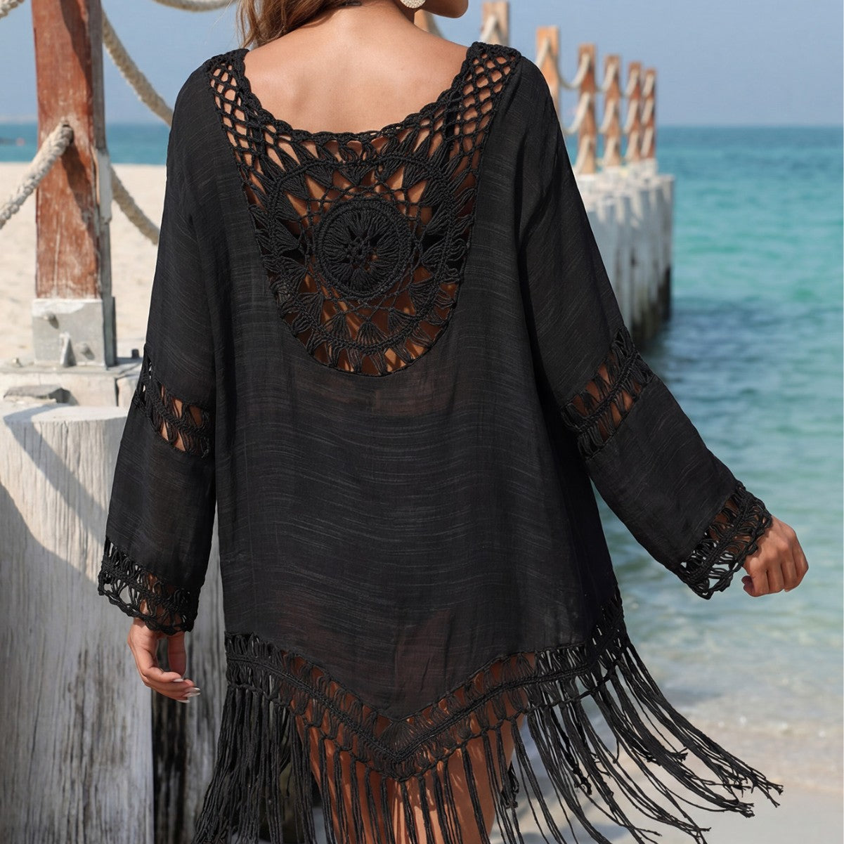 Damen, eleganter Strandüberwurf mit gehäkeltem Muster und Quasten R&B
