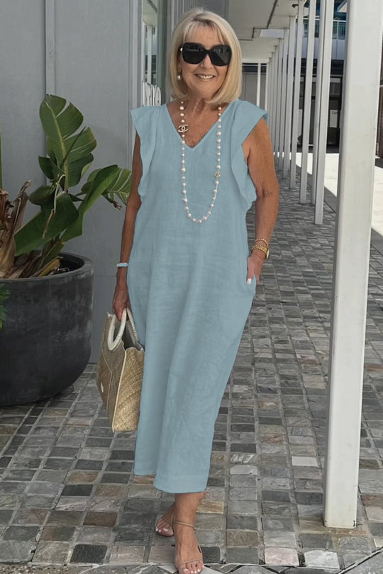 Damen Leichtes Maxikleid mit V-Ausschnitt und seitlichen Taschen R&B