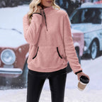 Damen kuscheliger Fleece-Pullover mit halbem Reißverschluss und praktischen Taschen R&B