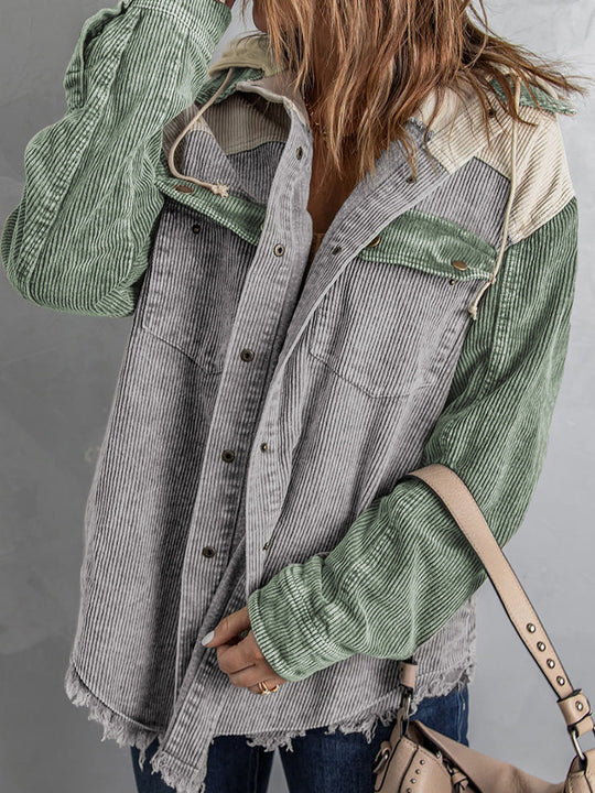 R&B | Jacke mit Kapuze Oversized Fit Cord-Textur Knopfverschluss Fransenrand