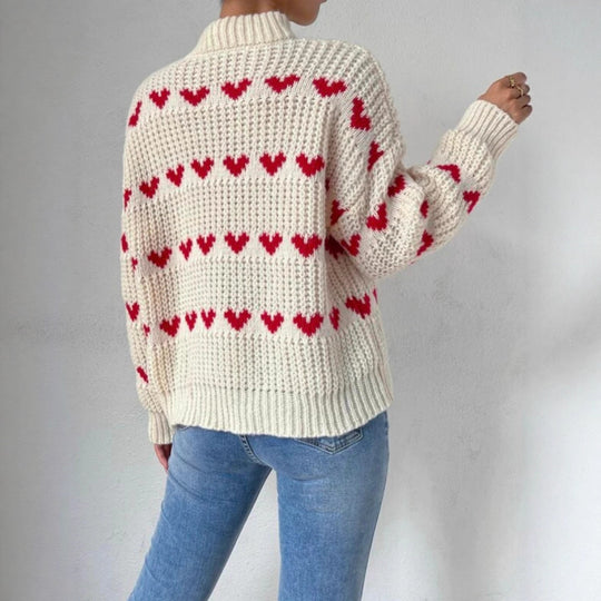 Damen Grobstrickpullover mit Herzmuster und Rollkragen R&B