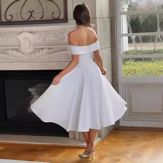 Damen Elegantes Off-Shoulder Midikleid mit ausladenden Falten und Taschen R&B