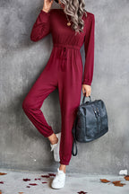 Damen lässiger Jumpsuit mit elastischem Taillenzug und trendy Langarm R&B