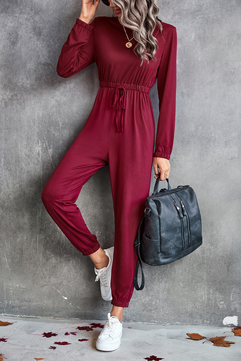 Damen lässiger Jumpsuit mit elastischem Taillenzug und trendy Langarm R&B