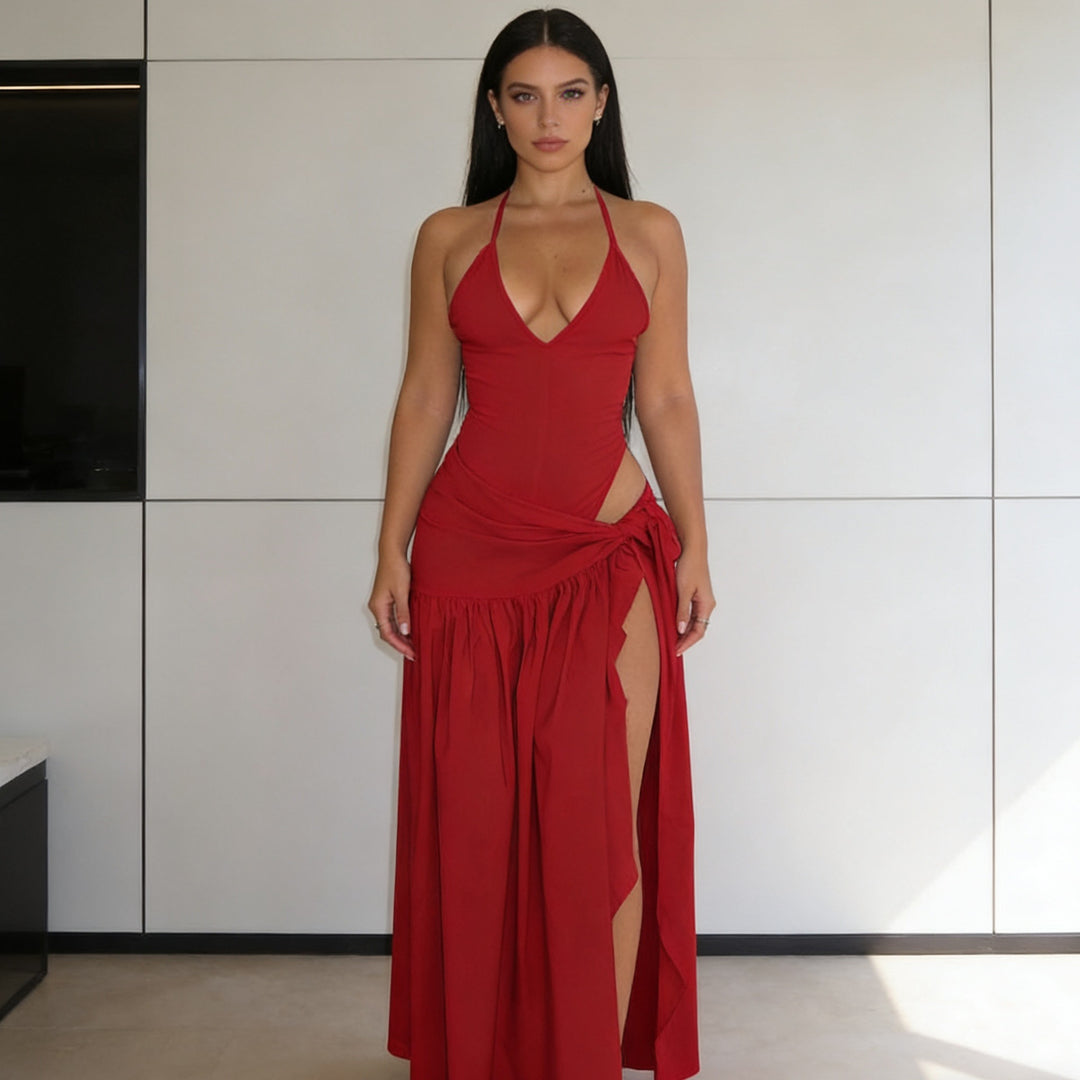 Damen Elegantes Bodenkleid mit Wickeldesign und Raffungen R&B
