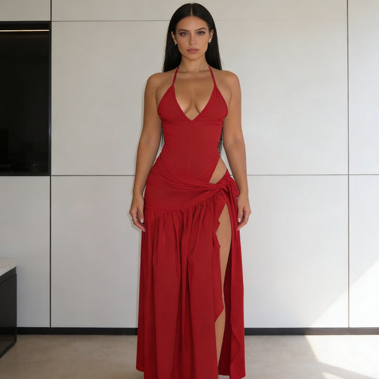 Damen Elegantes Bodenkleid mit Wickeldesign und Raffungen R&B