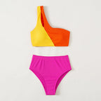 Damen Einseitiger Triangel-Bikini mit buntem Blockdesign