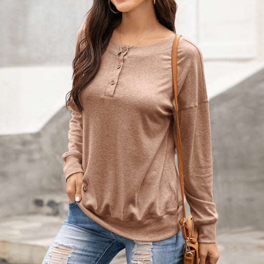 Damen gemütliches Langarm-Henley-Shirt mit Knopfleiste und tiefem Rundhalsausschnitt R&B