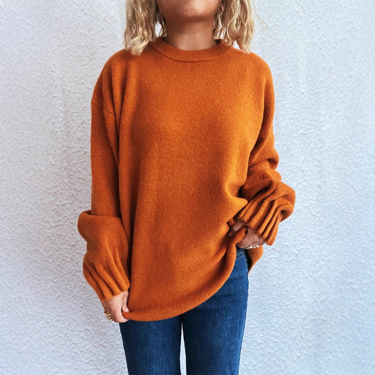 Damen lässiger Strickpullover mit weitem Rundhalsausschnitt und fluffiger Textur R&B