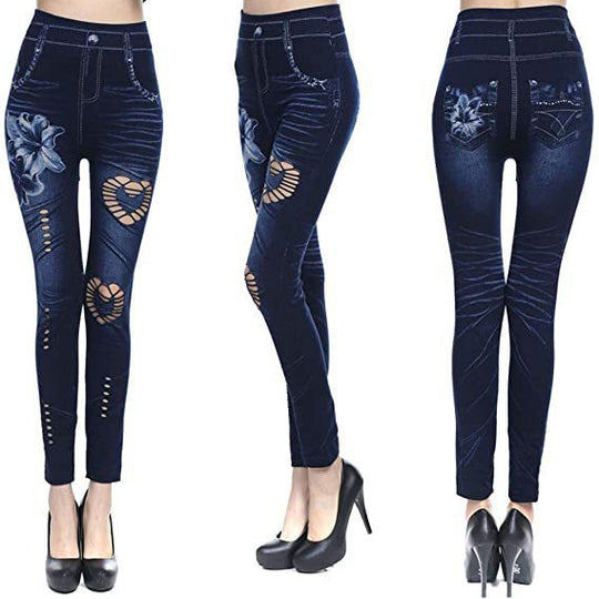 Damen Floral-Design Hochbund-Leggings aus Denim R&B