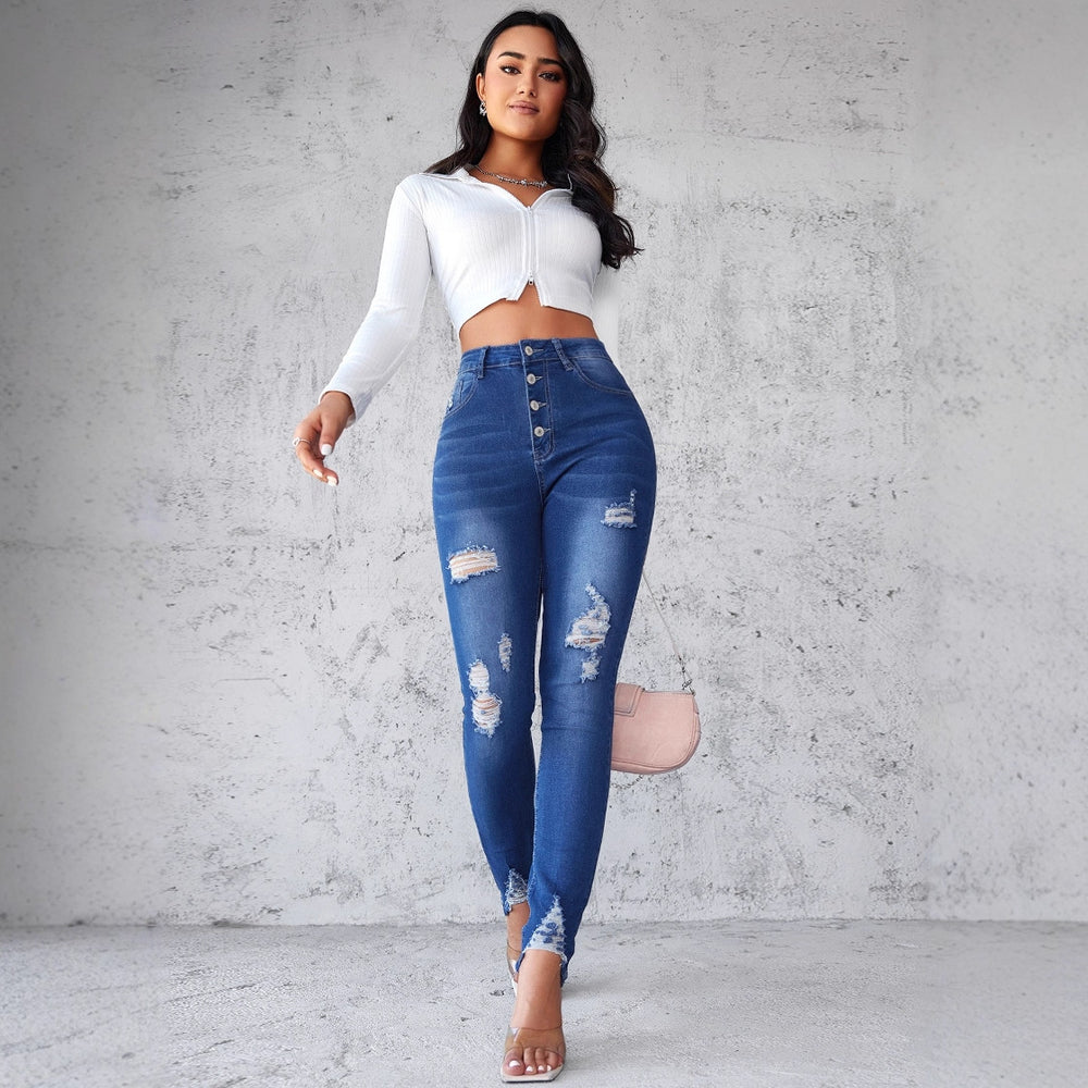 Damen Jeans im modernen Skinny Fit mit knöpfen und modischen Rissdetails R&B