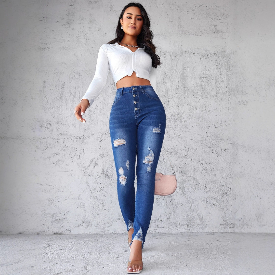 Damen Jeans im modernen Skinny Fit mit knöpfen und modischen Rissdetails R&B