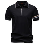 Herren nan atmungsaktives elastisches Poloshirt mit kurzem Reißverschluss und Kontraststreifen an Ärmeln R&B