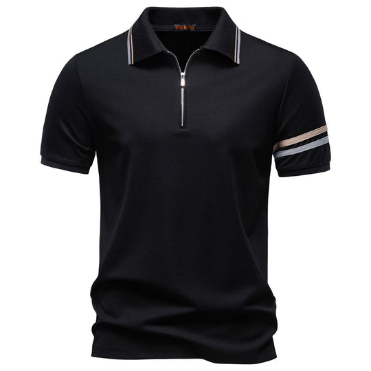 Herren nan atmungsaktives elastisches Poloshirt mit kurzem Reißverschluss und Kontraststreifen an Ärmeln R&B