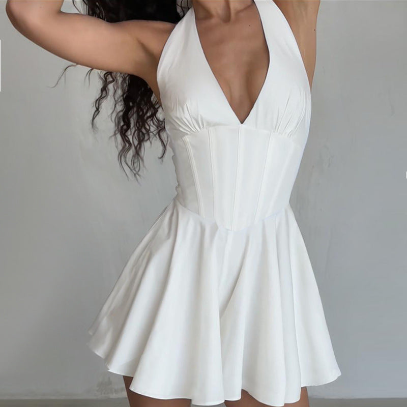 Damen Verspieltes Cocktailkleid mit tiefem V-Ausschnitt und fließendem Rock R&B